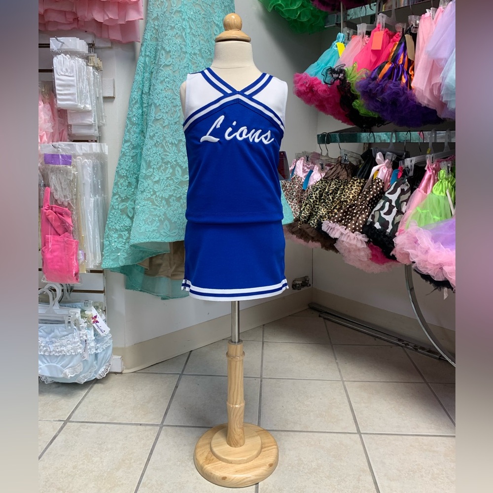 Childs Size 5 Or 10 Blue & White Lions Mascot Logo Cheerleading Uniform Set NWT